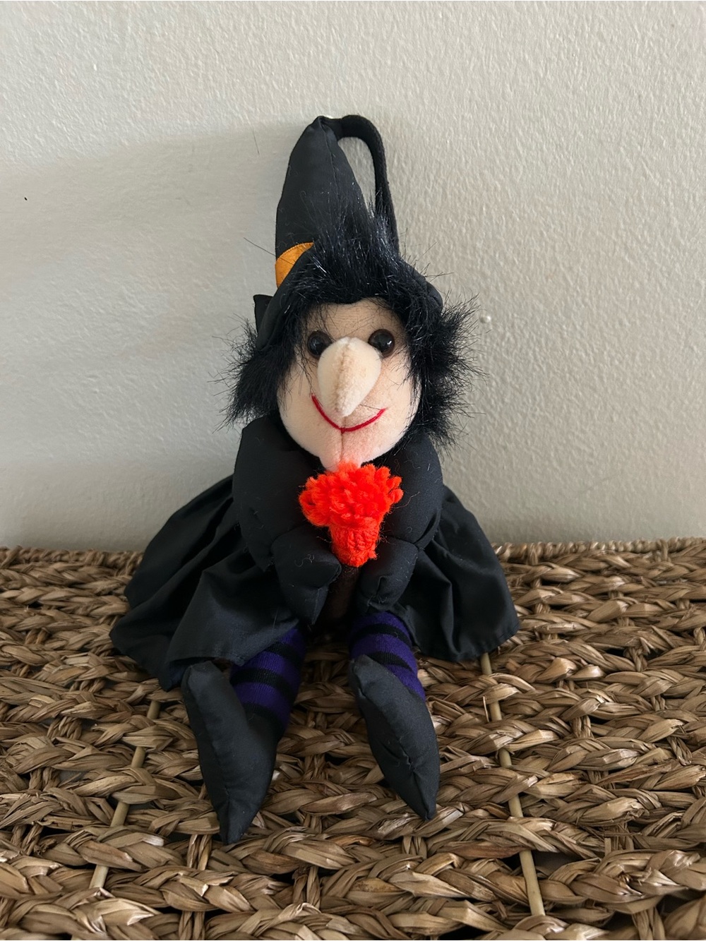 Lush Black Witch Plush with Orange Pom and Purple-Striped Legs